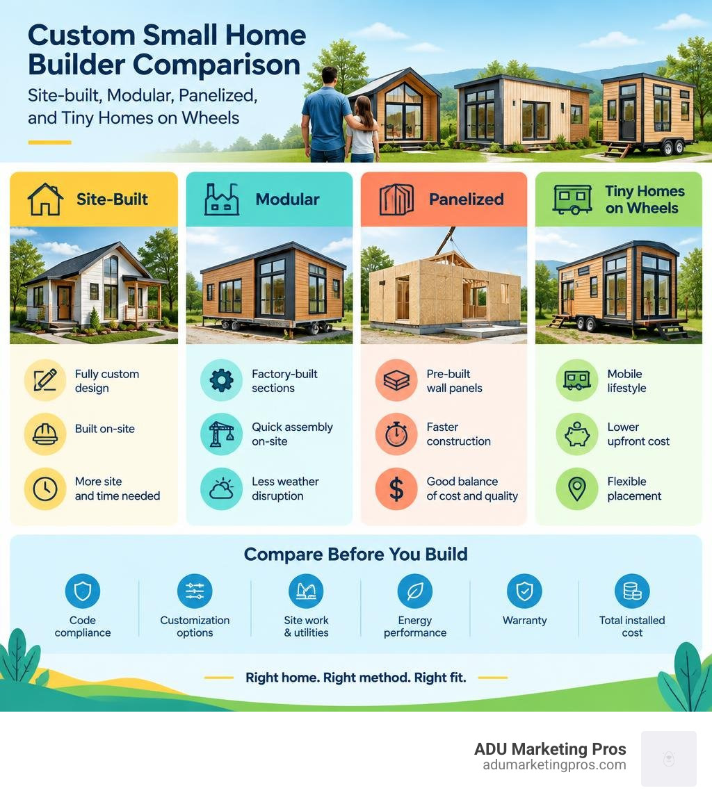 Custom small home builder comparison: site-built, modular, panelized, and tiny homes on wheels infographic