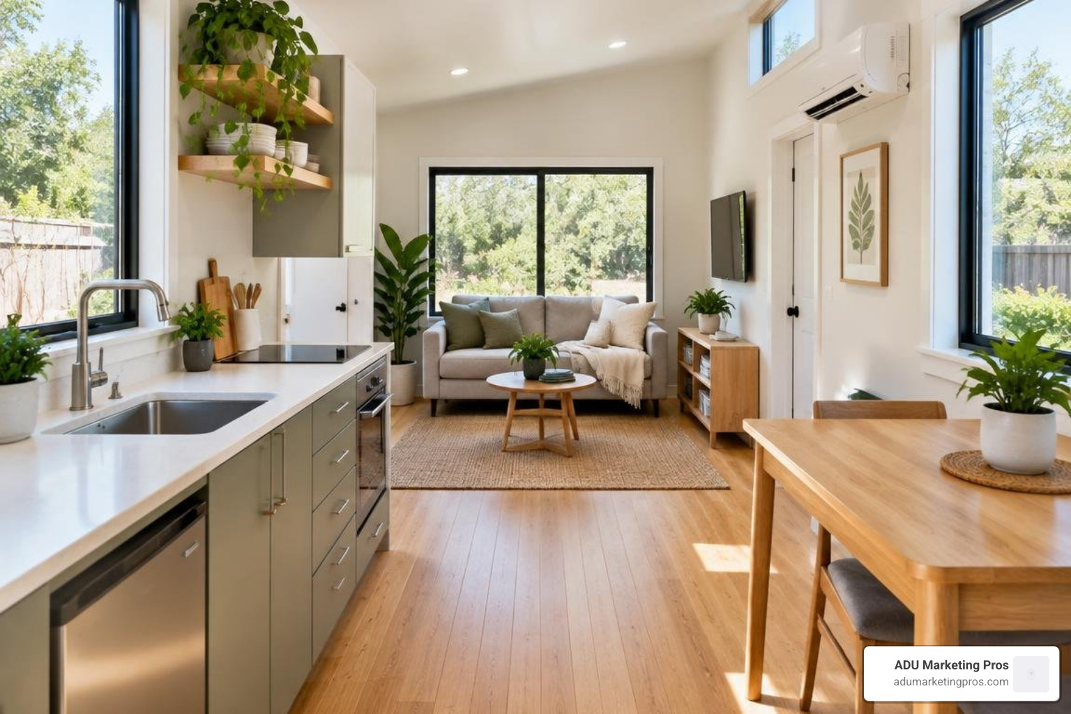 Energy-efficient small home interior with modern finishes and space-saving furniture