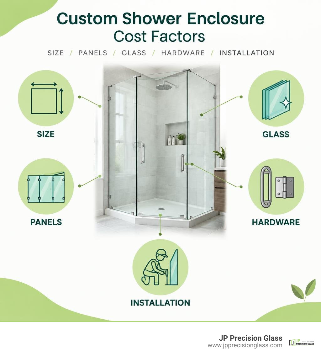 Custom shower enclosure cost factors: size, panels, glass, hardware, installation infographic Custom shower enclosure cost factors: size, panels, glass, hardware, installation infographic