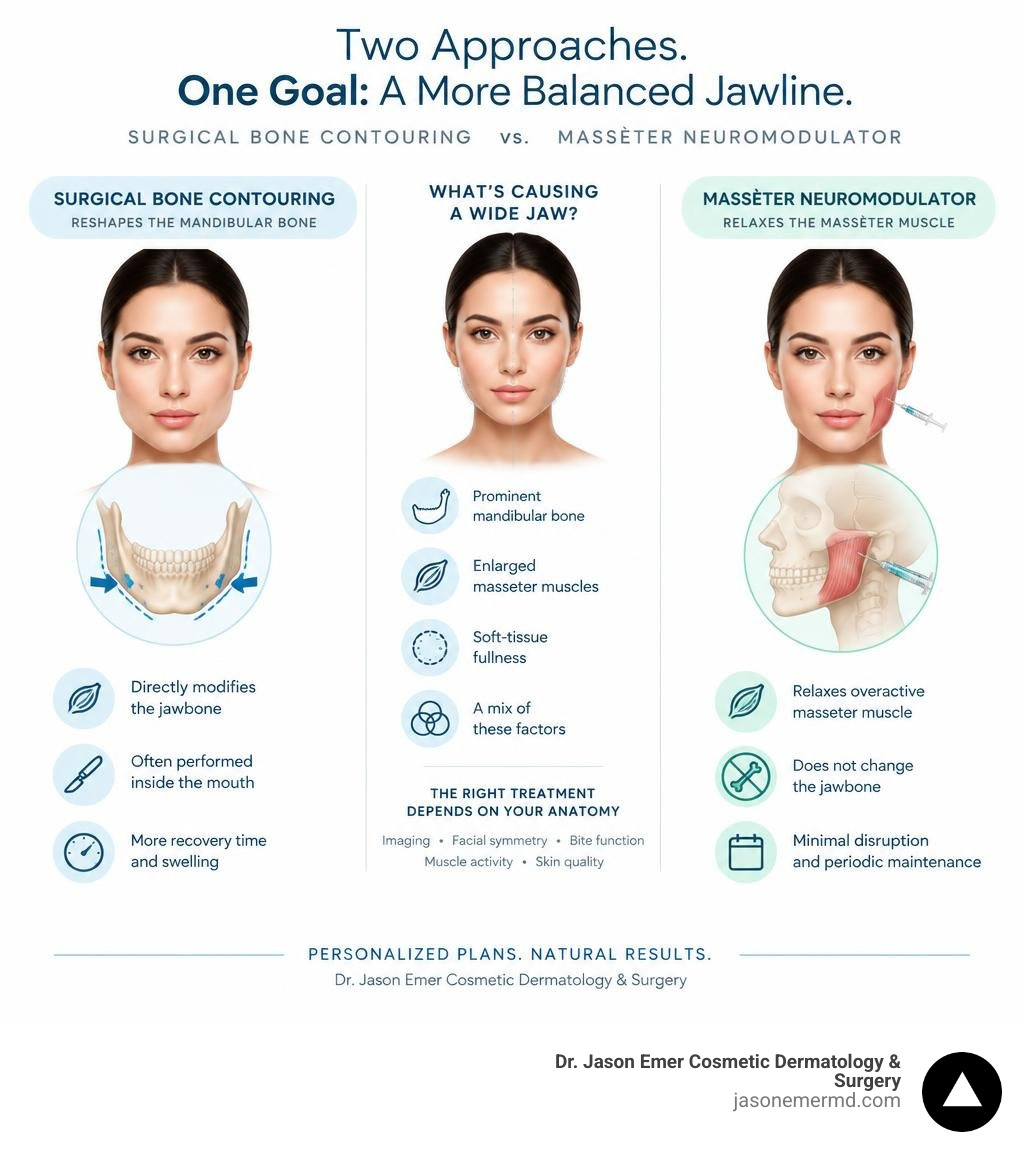 Infographic comparing surgical bone contouring and masseter neuromodulator jaw reduction infographic