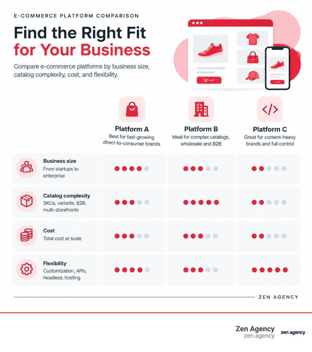 E-commerce platform comparison by business size, catalog complexity, cost, and flexibility infographic E-commerce platform comparison by business size, catalog complexity, cost, and flexibility infographic