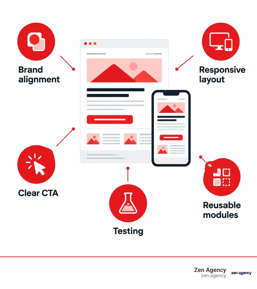 Infographic showing brand alignment, responsive layout, clear CTA, testing, and reusable modules infographic Infographic showing brand alignment, responsive layout, clear CTA, testing, and reusable modules infographic