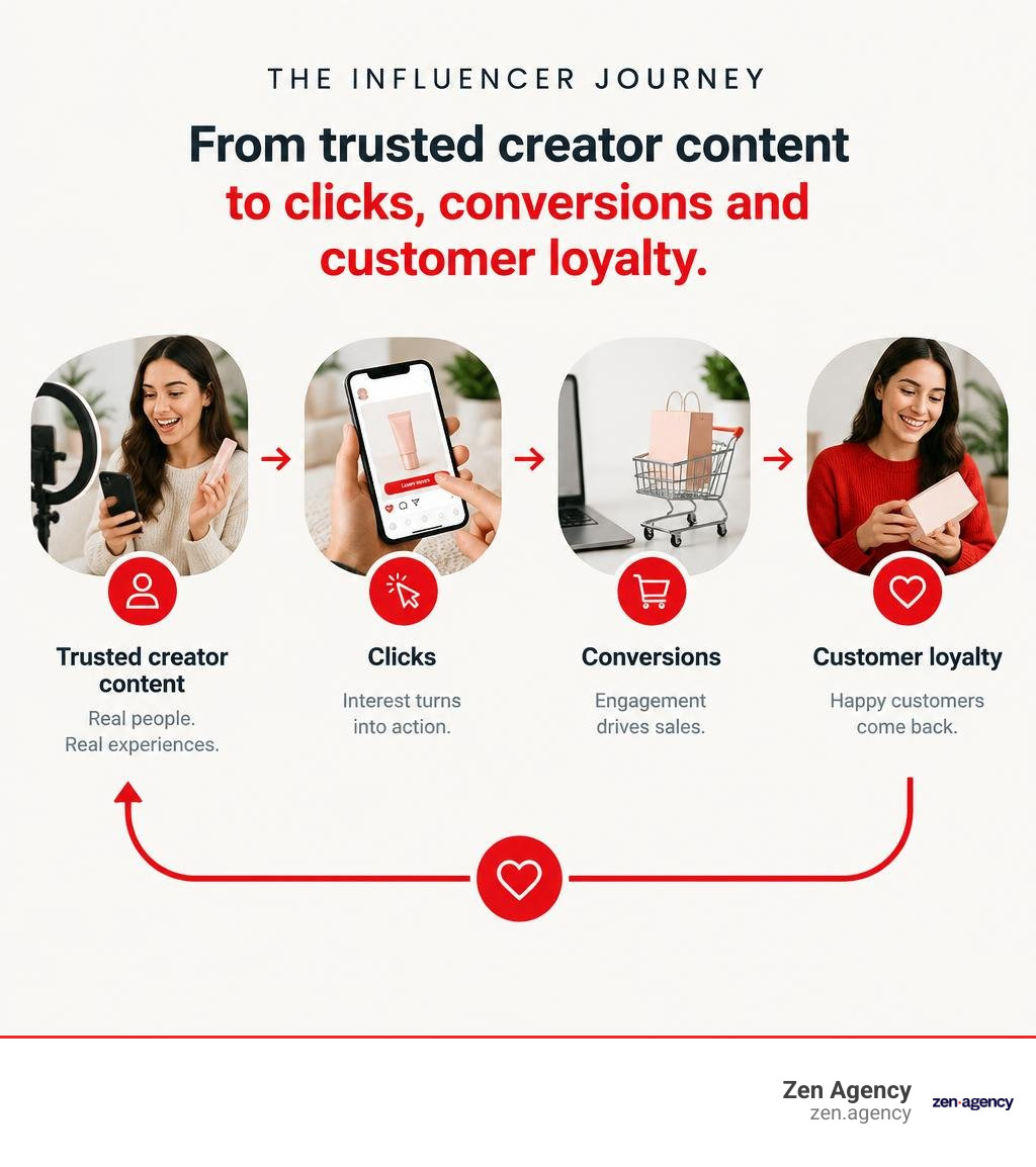 Influencer journey from trusted creator content to clicks conversions and customer loyalty infographic Influencer journey from trusted creator content to clicks conversions and customer loyalty infographic