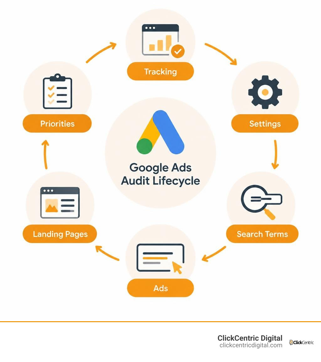 Google Ads audit lifecycle: tracking, settings, search terms, ads, landing pages, priorities infographic
