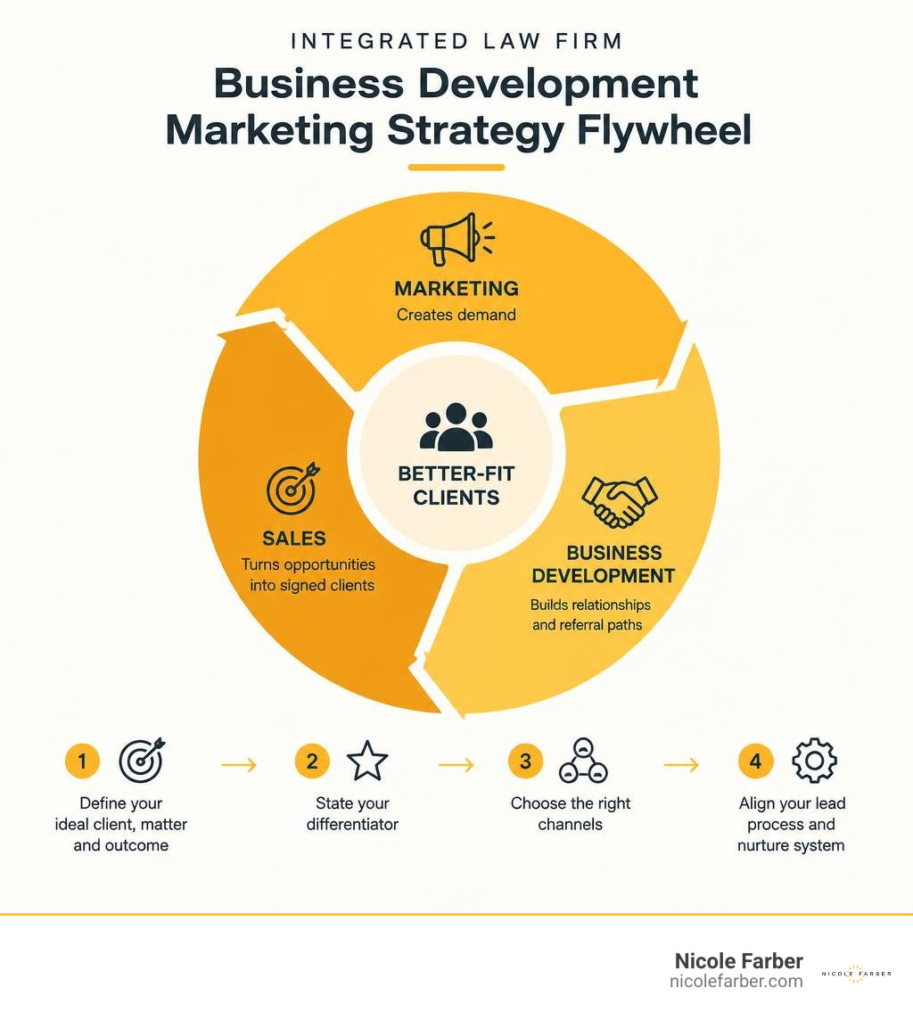 Integrated law firm business development marketing strategy flywheel infographic Integrated law firm business development marketing strategy flywheel infographic