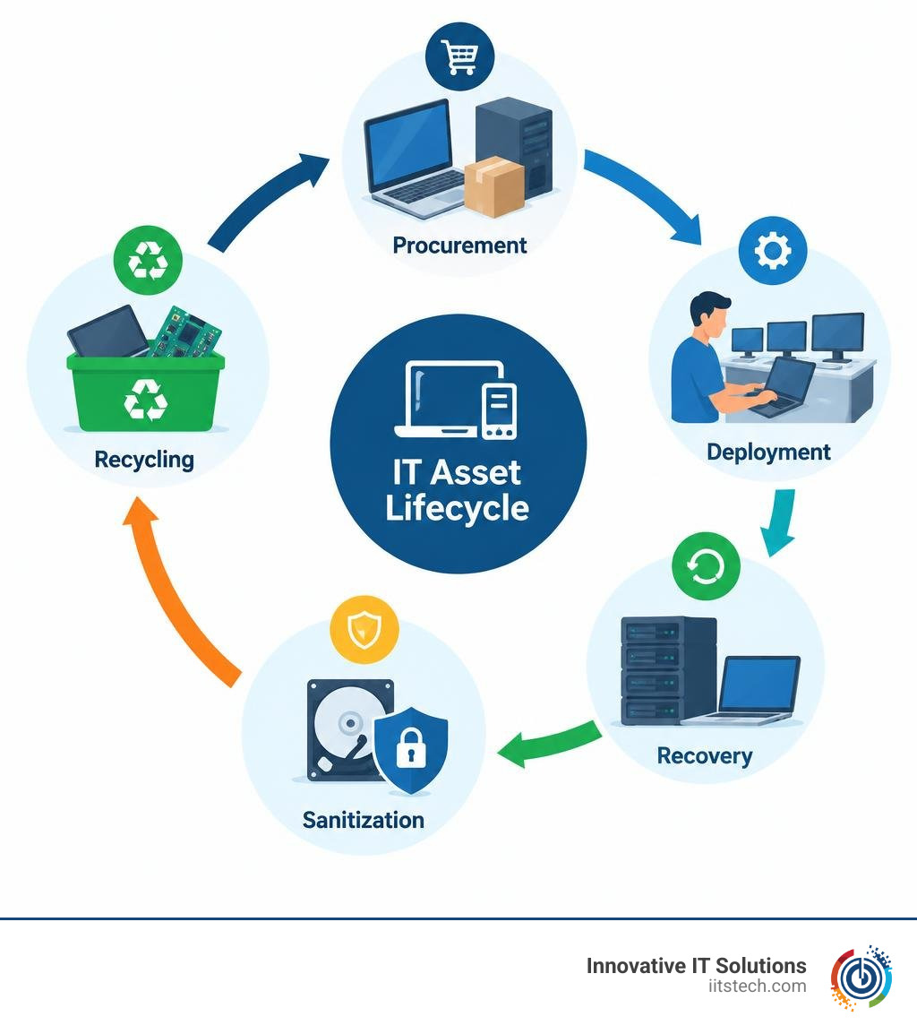 IT asset lifecycle from procurement and deployment to recovery, sanitization, and recycling infographic