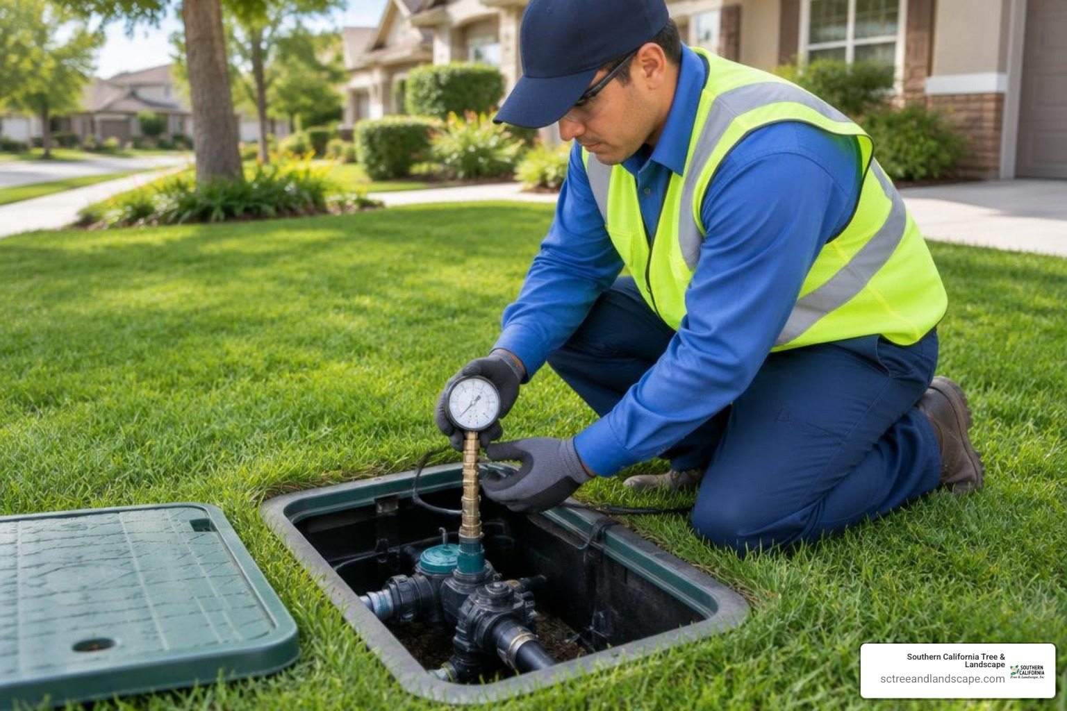 irrigation technician pressure testing a commercial valve box irrigation technician pressure testing a commercial valve box