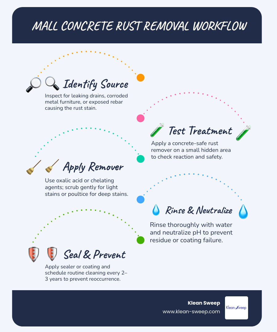 Mall concrete rust removal workflow from source control to treatment and sealing infographic Mall concrete rust removal workflow from source control to treatment and sealing infographic