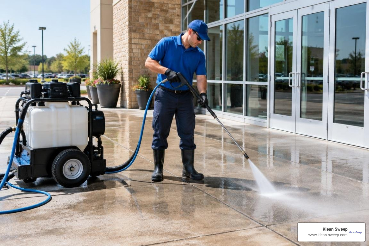 Technician in blue uniform pressure washing a commercial mall entryway with water recovery Technician in blue uniform pressure washing a commercial mall entryway with water recovery