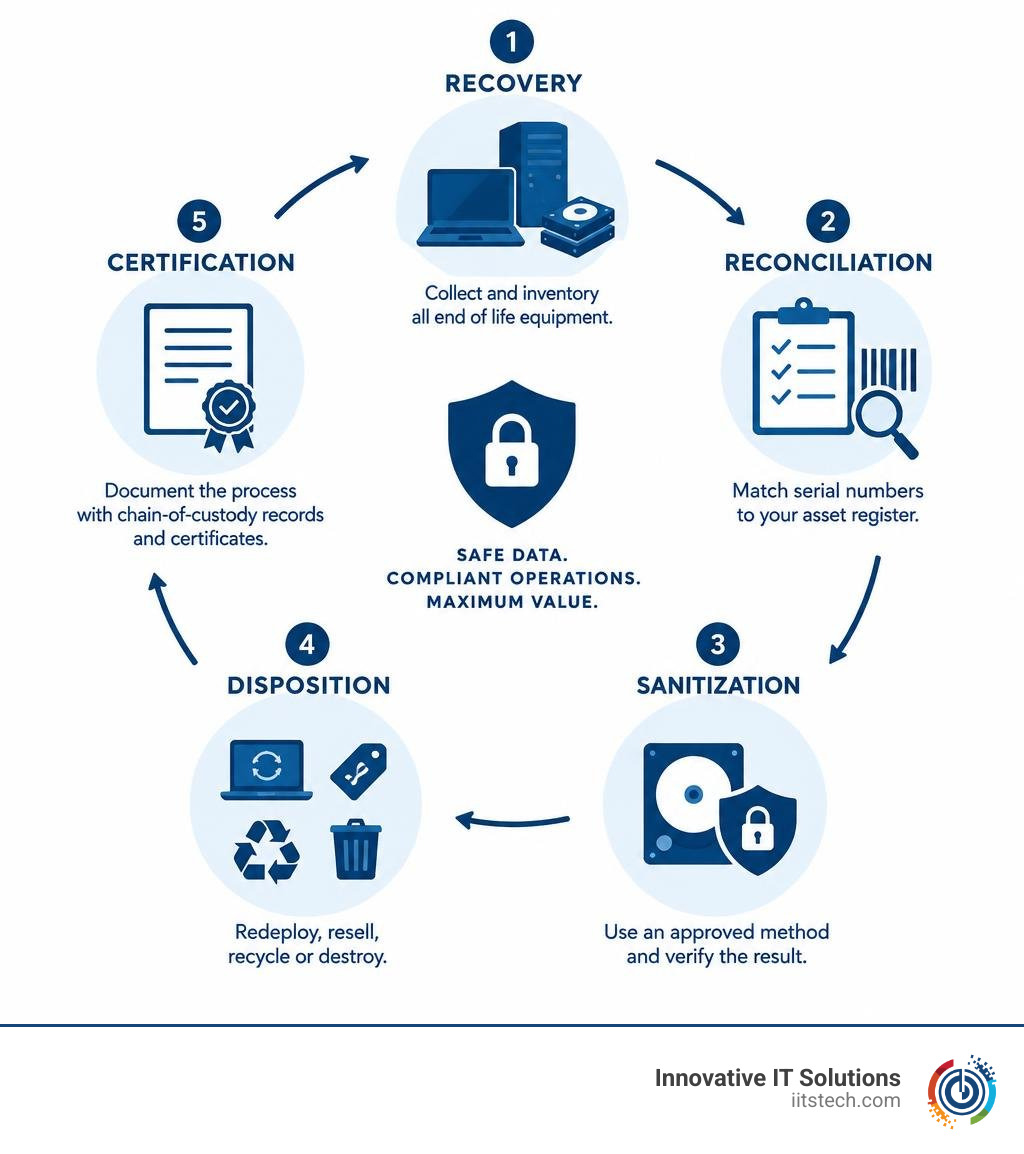 Infographic showing recovery, reconciliation, sanitization, disposition, and certification infographic