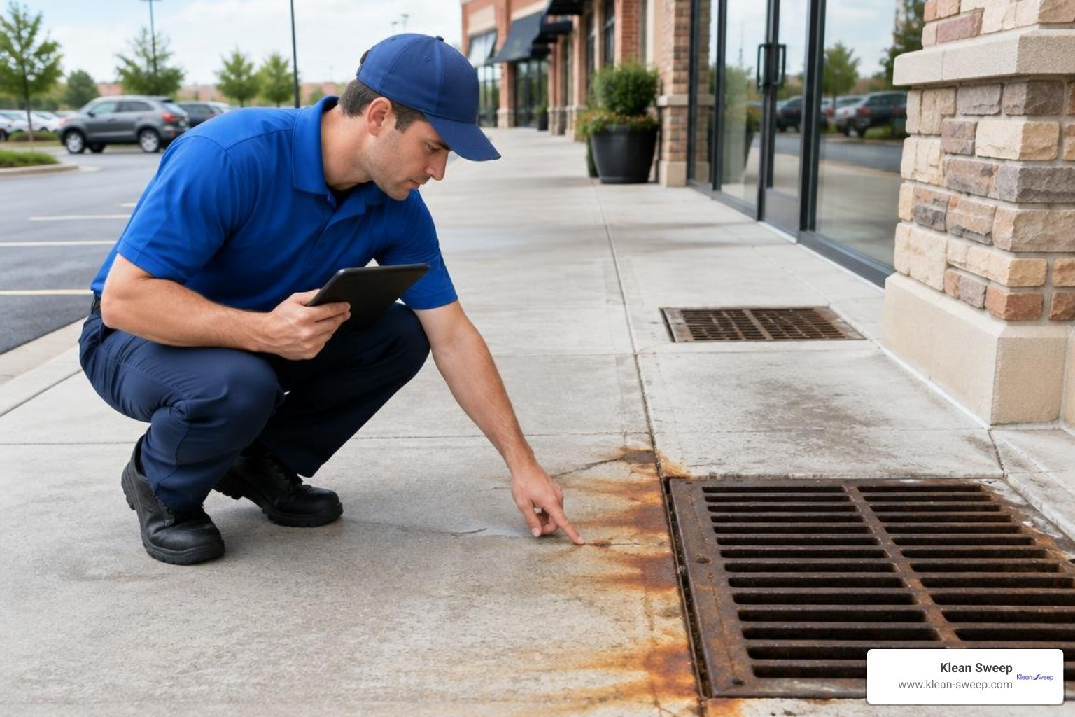 Worker in blue uniform inspecting rust stains near exterior mall drainage grates Worker in blue uniform inspecting rust stains near exterior mall drainage grates