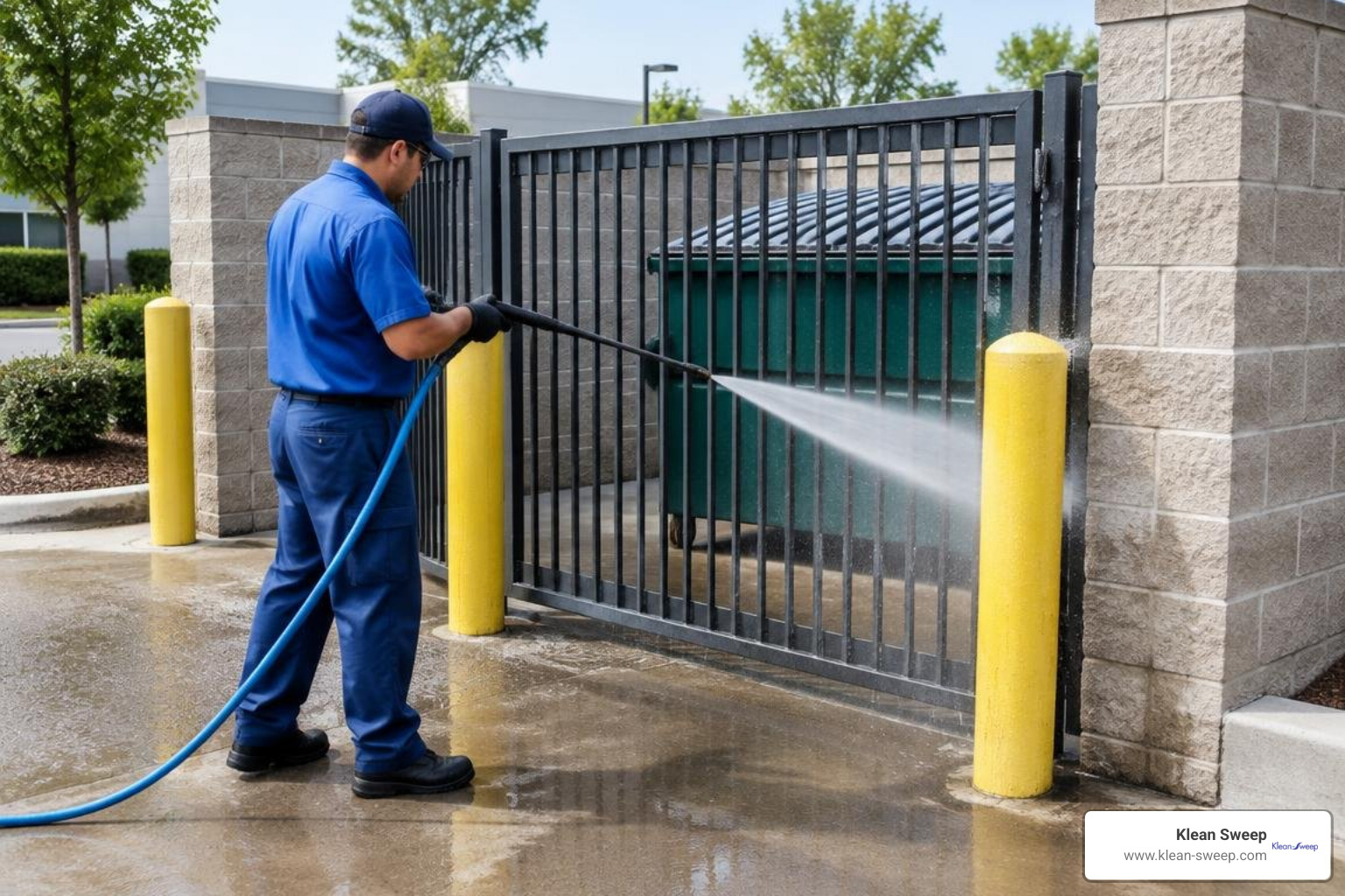 Technician in blue uniform detailing dumpster enclosure gates and bollards Technician in blue uniform detailing dumpster enclosure gates and bollards