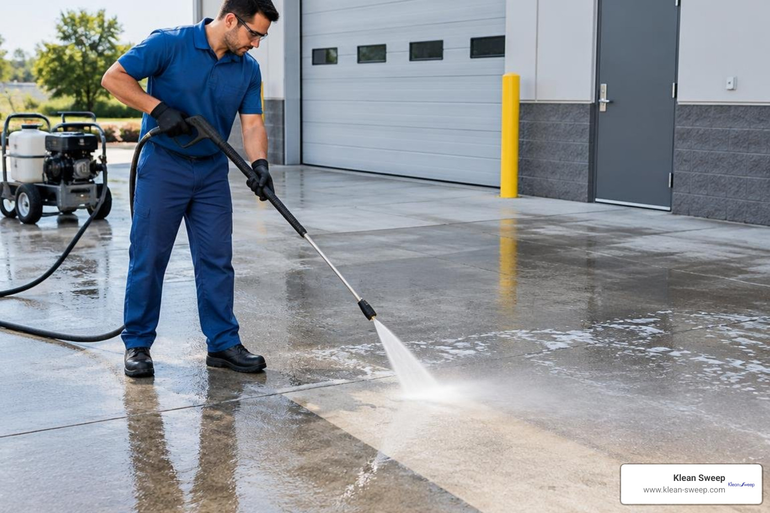 Technician in blue uniform degreasing commercial concrete pad Technician in blue uniform degreasing commercial concrete pad