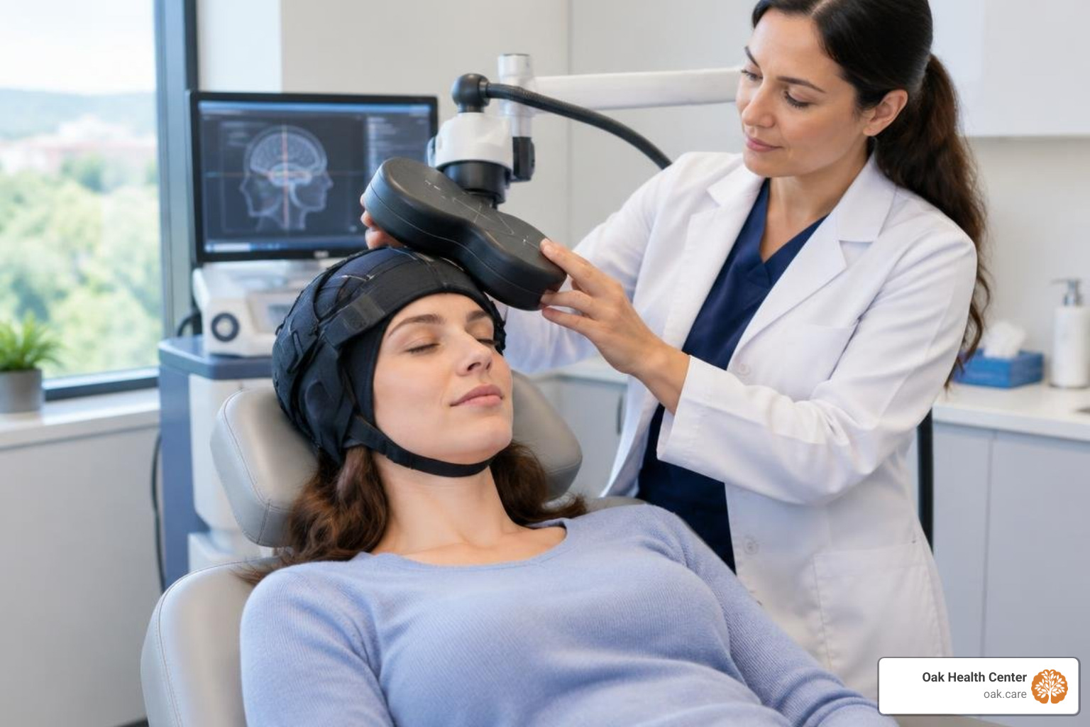 patient receiving transcranial magnetic stimulation therapy in clinic patient receiving transcranial magnetic stimulation therapy in clinic