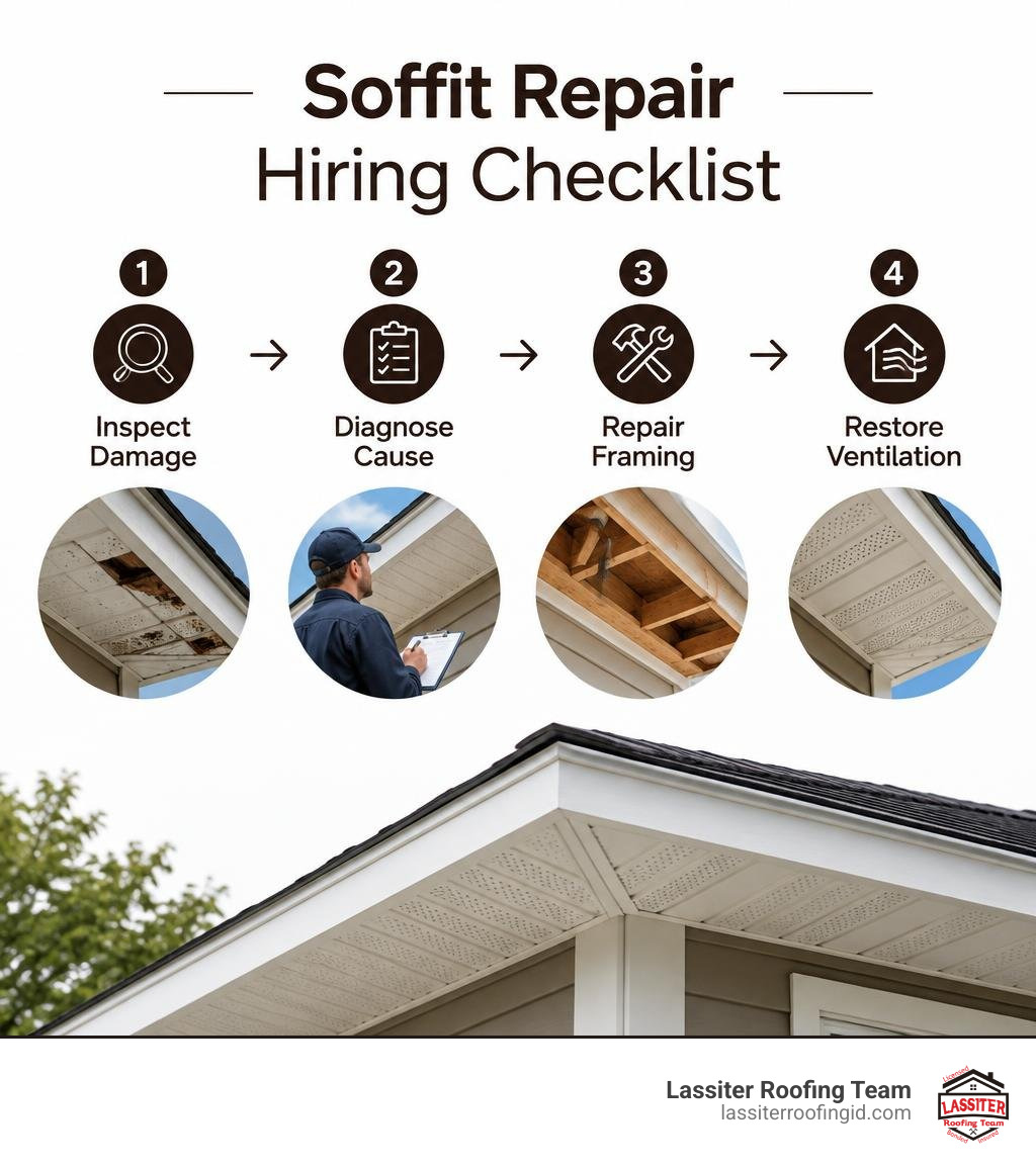 Soffit repair hiring checklist: inspect damage, diagnose cause, repair framing, restore ventilation infographic
