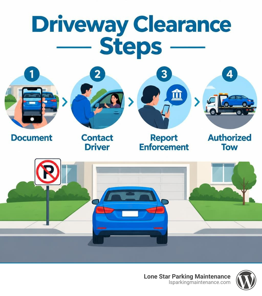 Driveway clearance steps: document, contact driver, report enforcement, authorized tow infographic Driveway clearance steps: document, contact driver, report enforcement, authorized tow infographic