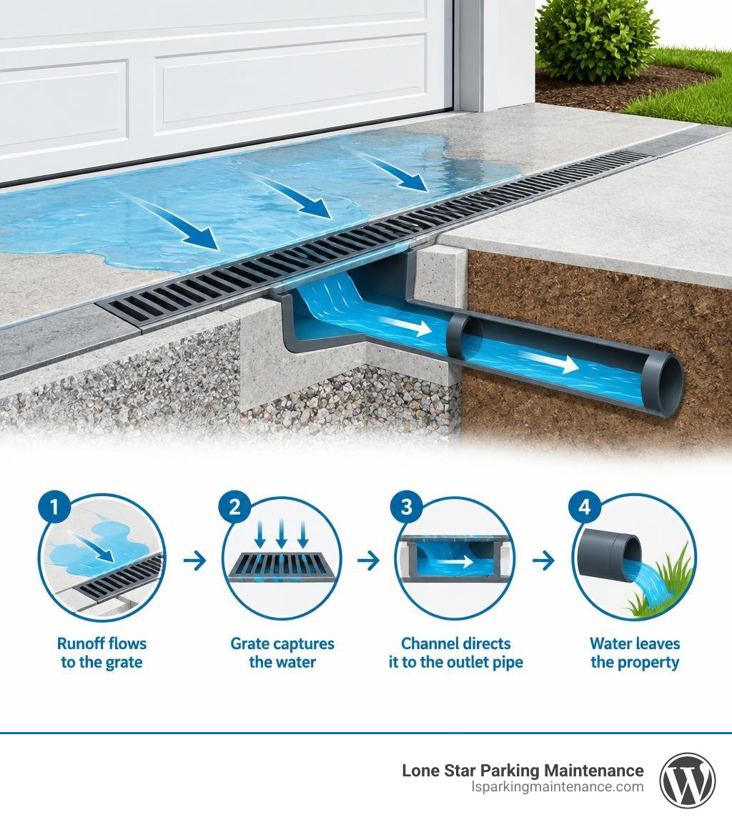 Driveway trench drain captures runoff through a grate and directs it to an outlet pipe infographic