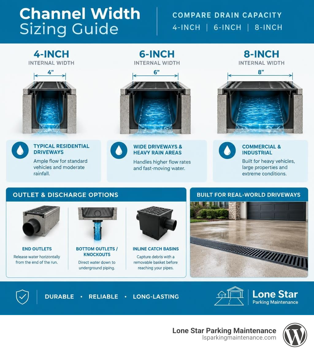 Channel width sizing guide comparing 4-inch 6-inch and 8-inch drain capacity infographic