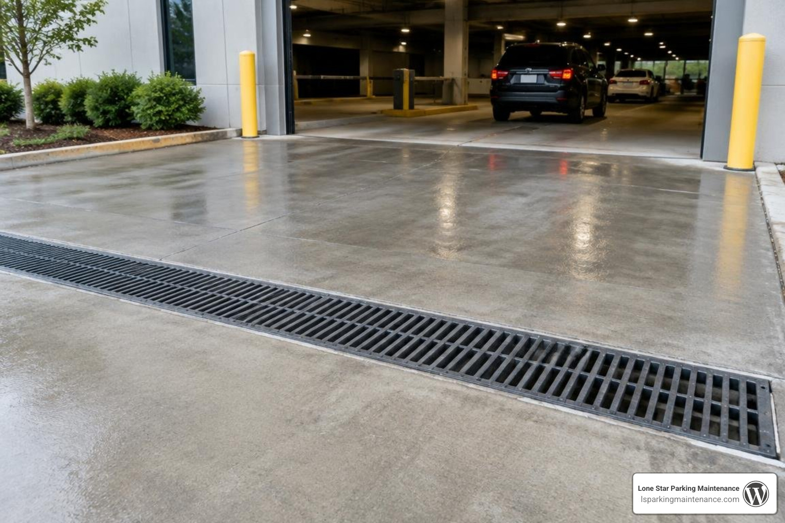 Commercial grade channel drain installed across a broad vehicle entrance