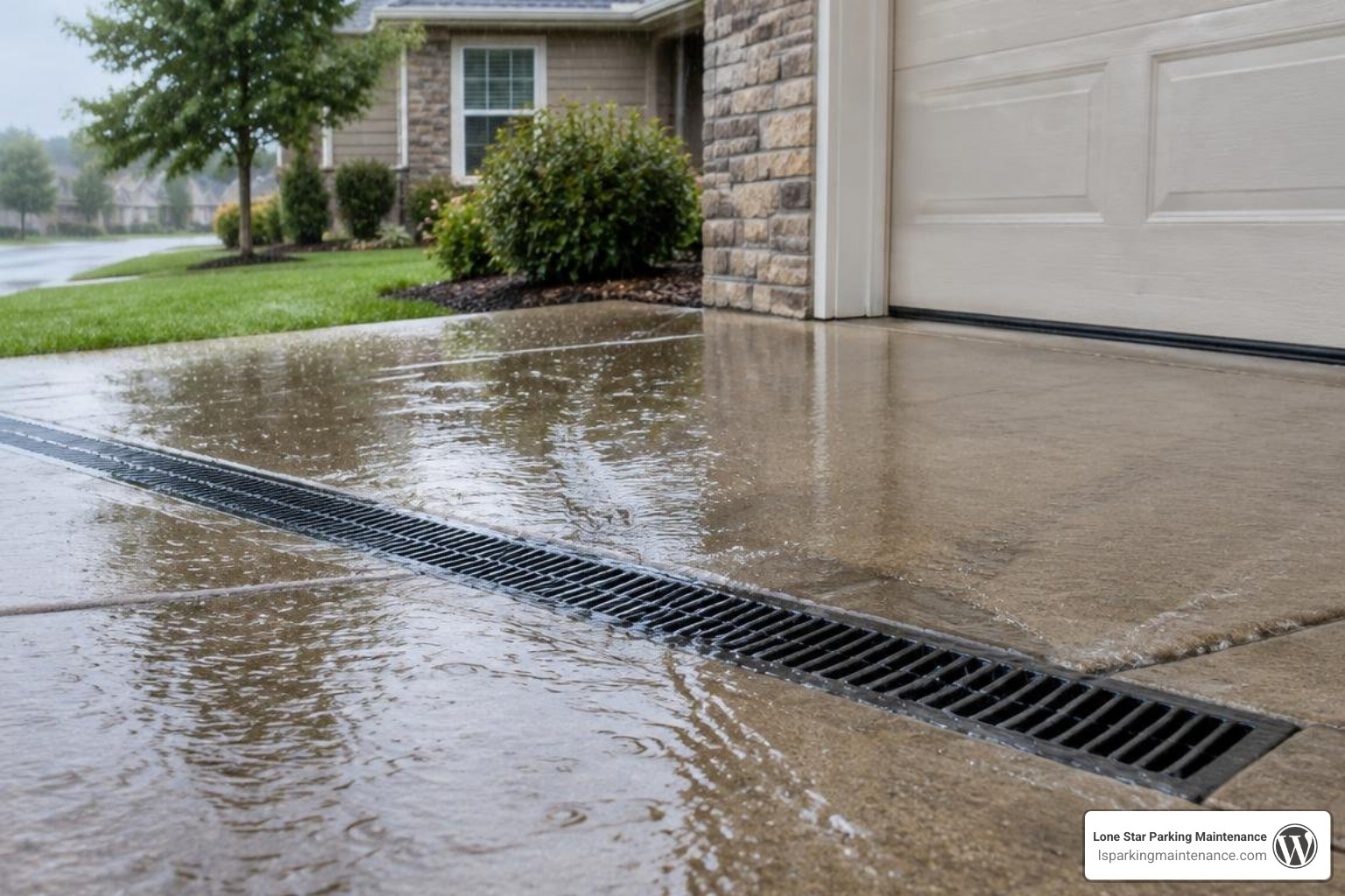 Driveway apron channel drain intercepting stormwater runoff