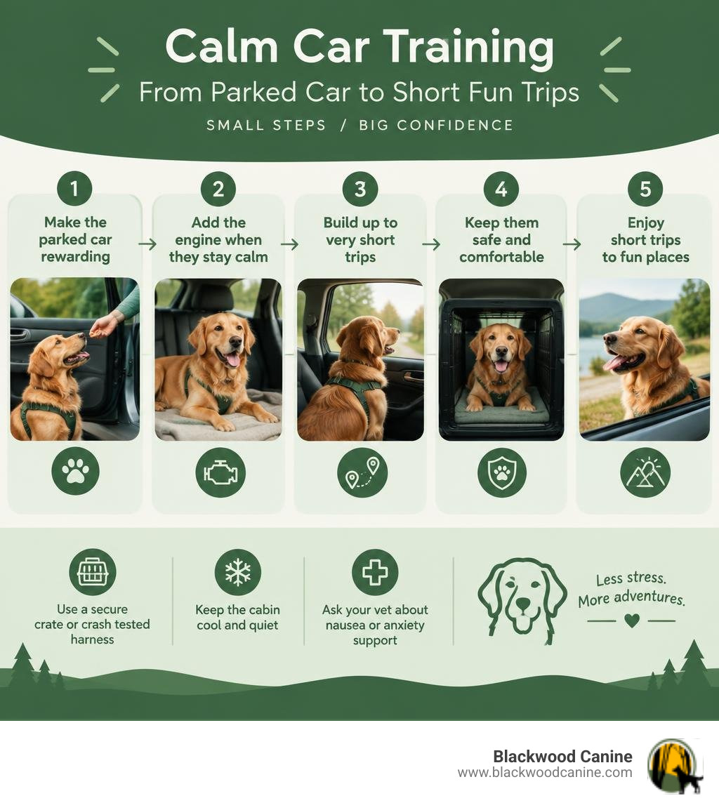 Infographic showing calm car training steps from parked car to short fun trips infographic Infographic showing calm car training steps from parked car to short fun trips infographic