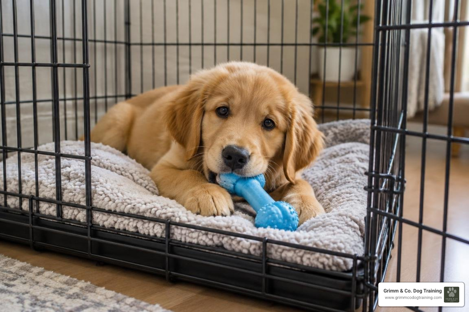 Puppy resting quietly inside an open crate with a food toy Puppy resting quietly inside an open crate with a food toy