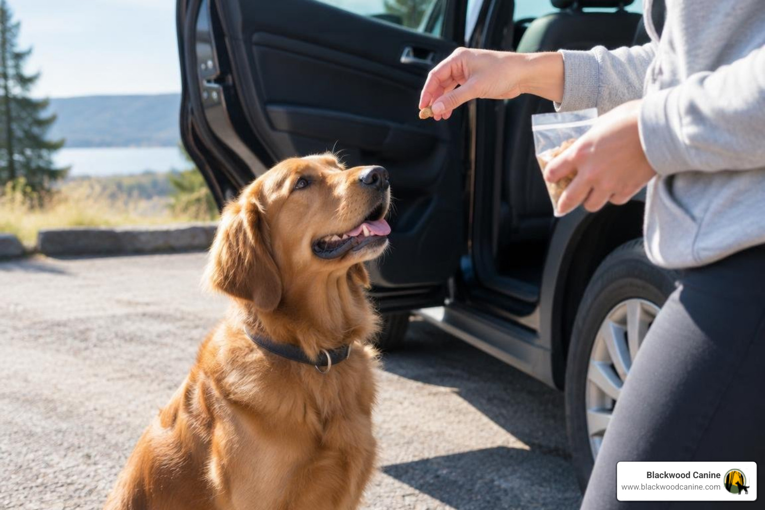 Dog receiving treats near an open car door Dog receiving treats near an open car door