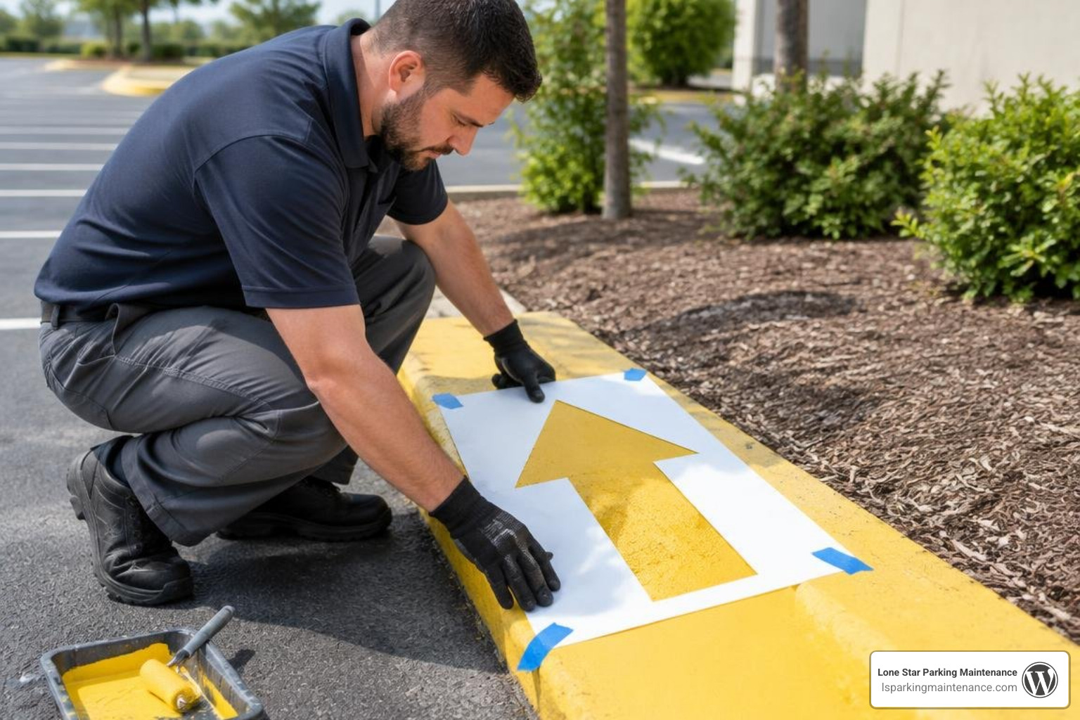 technician applying directional arrow stencil on raised curb technician applying directional arrow stencil on raised curb