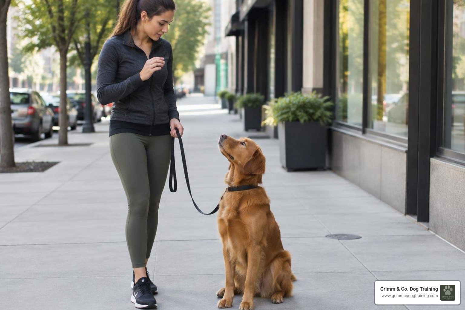Handler performing a focus exercise with a dog on an urban sidewalk Handler performing a focus exercise with a dog on an urban sidewalk