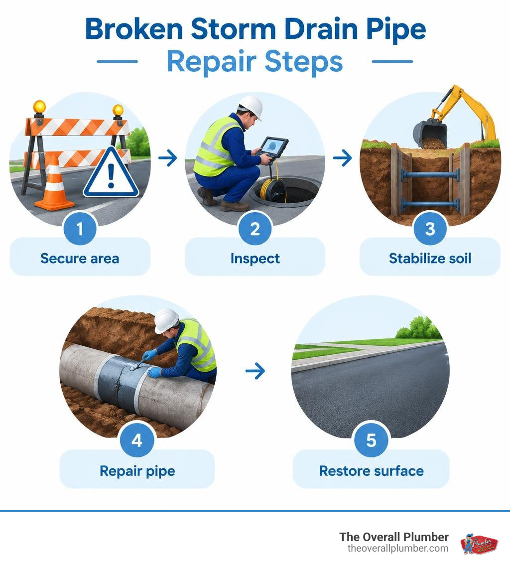 Broken storm drain pipe repair steps: secure area, inspect, stabilize soil, repair pipe, restore surface infographic Broken storm drain pipe repair steps: secure area, inspect, stabilize soil, repair pipe, restore surface infographic