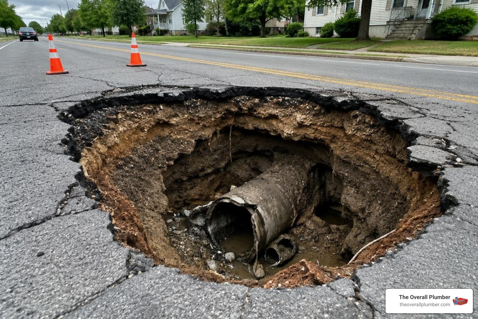 Deep funnel-shaped sinkhole formed by storm drain erosion Deep funnel-shaped sinkhole formed by storm drain erosion