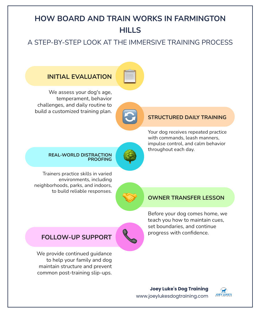 Board and train process from evaluation to daily training and owner lesson infographic