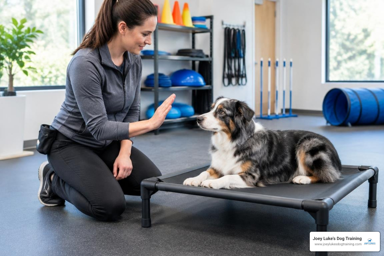 Trainer guiding dog on place bed