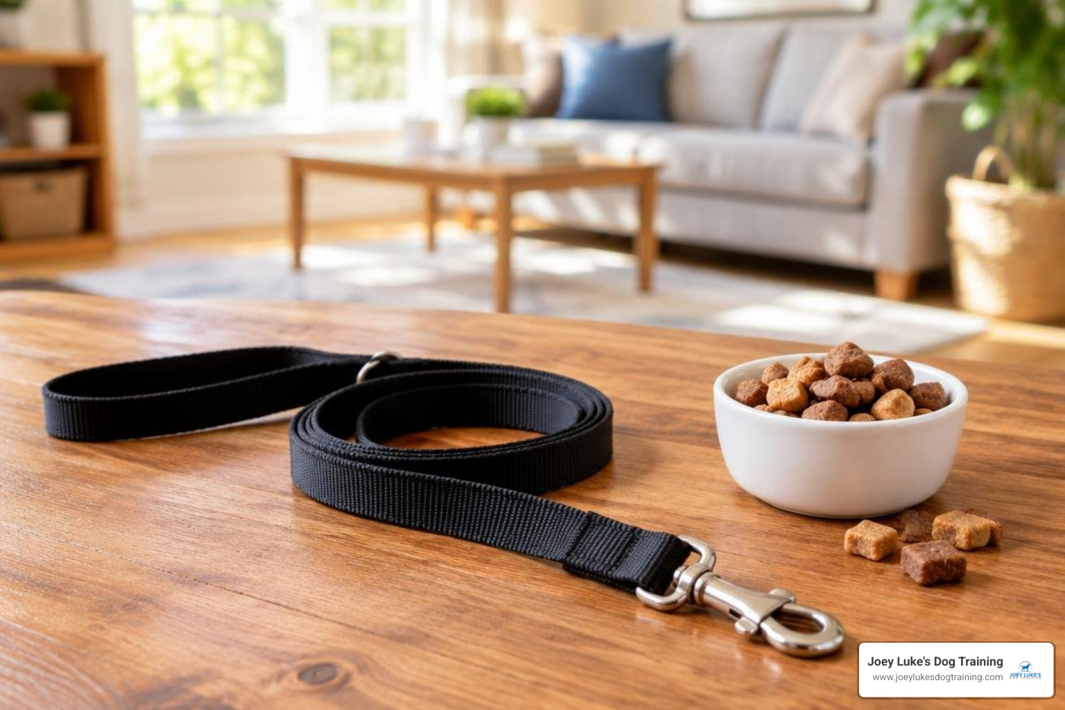 standard flat training leash and bite sized dog treats