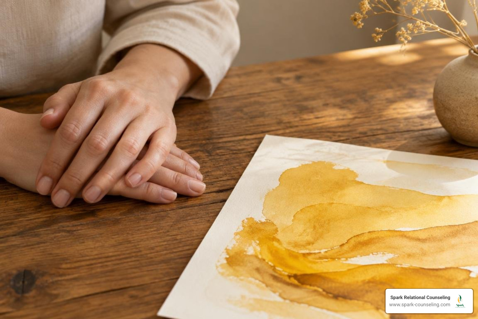 face-free image of hands resting peacefully near an expressive golden watercolor painting