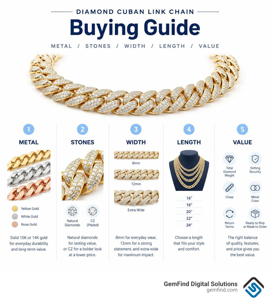 Diamond Cuban link chain buying guide: metal, stones, width, length, and value infographic