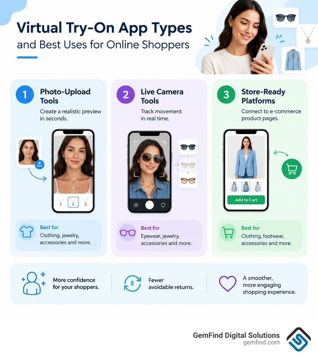 Virtual try-on app types and best uses for online shoppers infographic