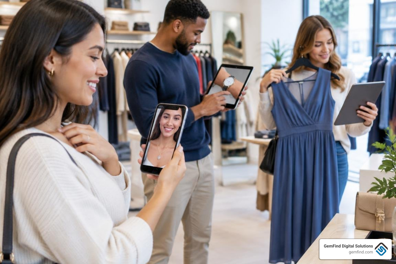 multi-category digital retail virtual try-on interface showing jewelry apparel and accessories
