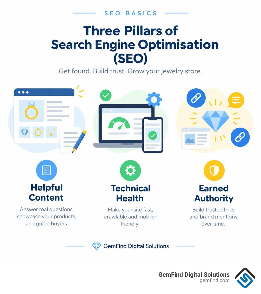 SEO basics infographic: helpful content, technical health, and earned authority infographic