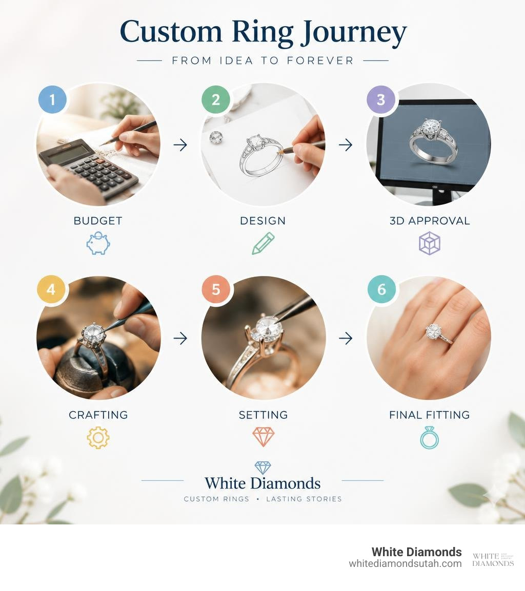 Custom ring journey: budget, design, 3D approval, crafting, setting, final fitting infographic Custom ring journey: budget, design, 3D approval, crafting, setting, final fitting infographic