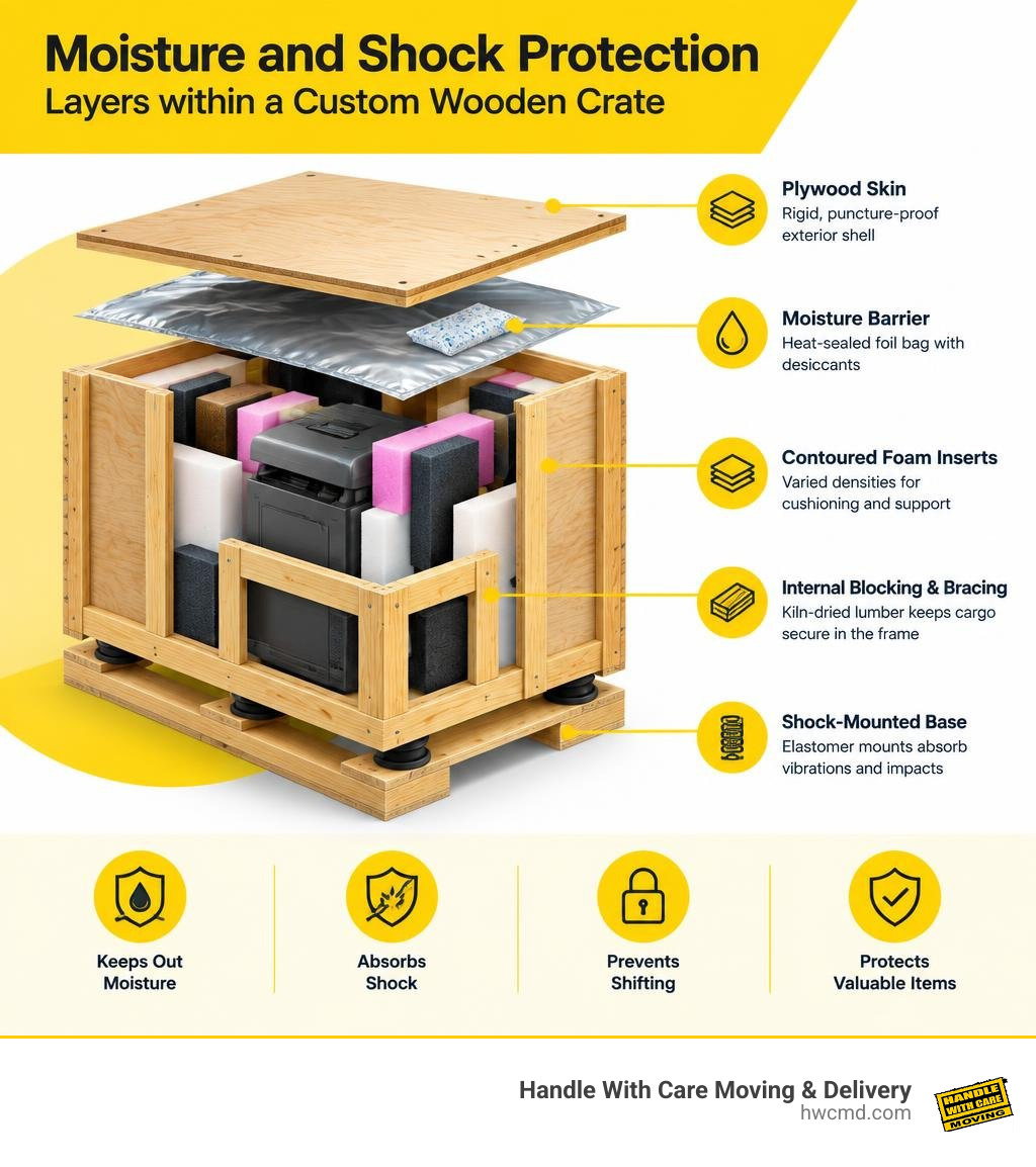 Moisture and shock protection layers within a custom wooden crate infographic