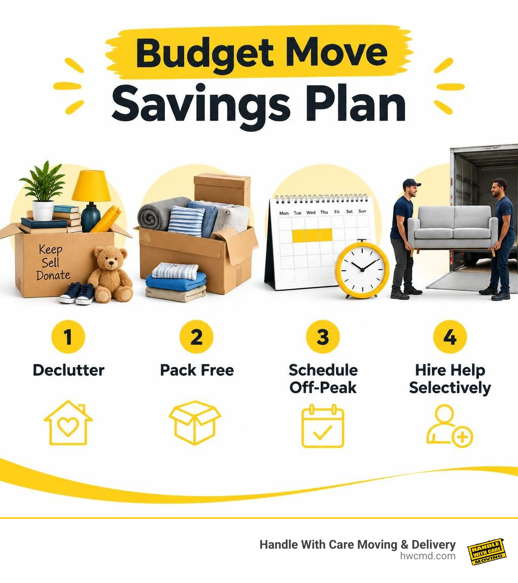 Budget move savings plan: declutter, pack free, schedule off-peak, hire help selectively infographic Budget move savings plan: declutter, pack free, schedule off-peak, hire help selectively infographic
