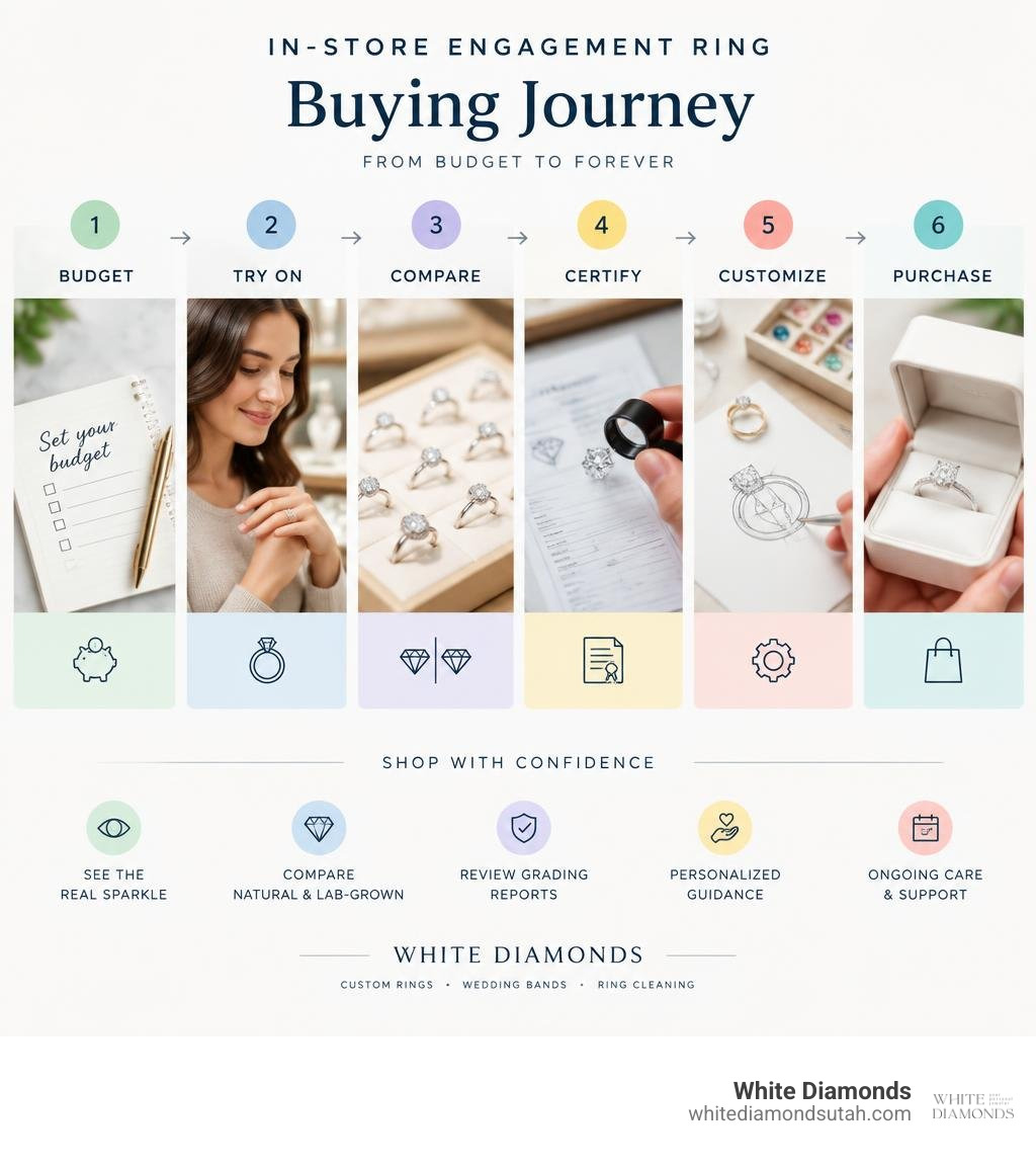 In-store engagement ring buying journey: budget, try on, compare, certify, customize, purchase infographic In-store engagement ring buying journey: budget, try on, compare, certify, customize, purchase infographic