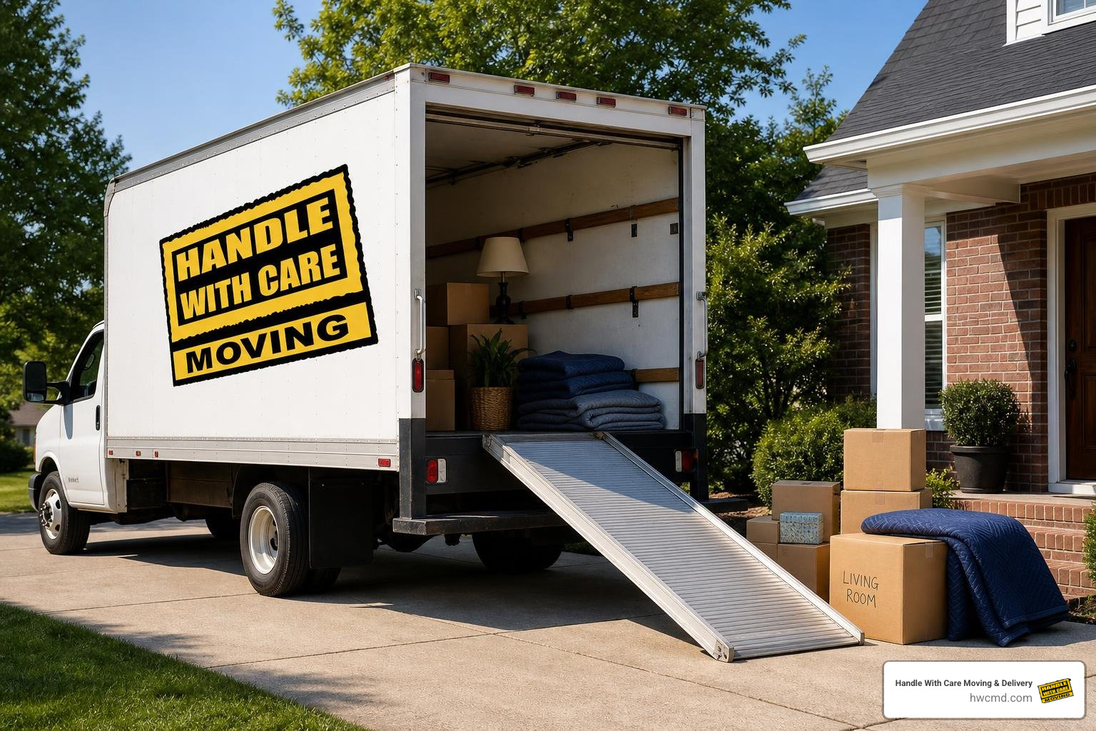Self-managed moving truck parked at residence with loading ramp down Self-managed moving truck parked at residence with loading ramp down