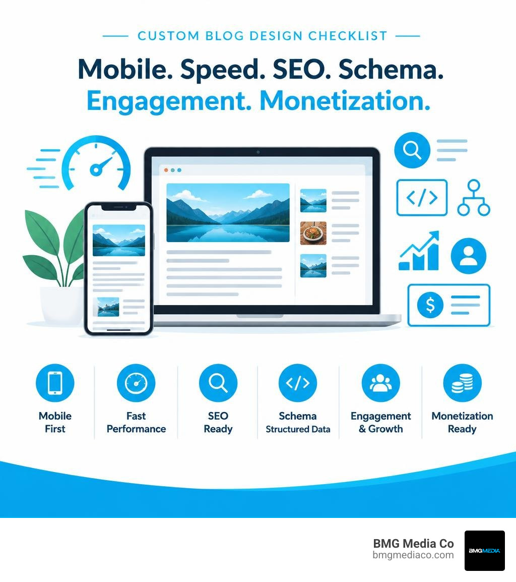 Custom blog design checklist: mobile speed SEO schema engagement and monetization infographic