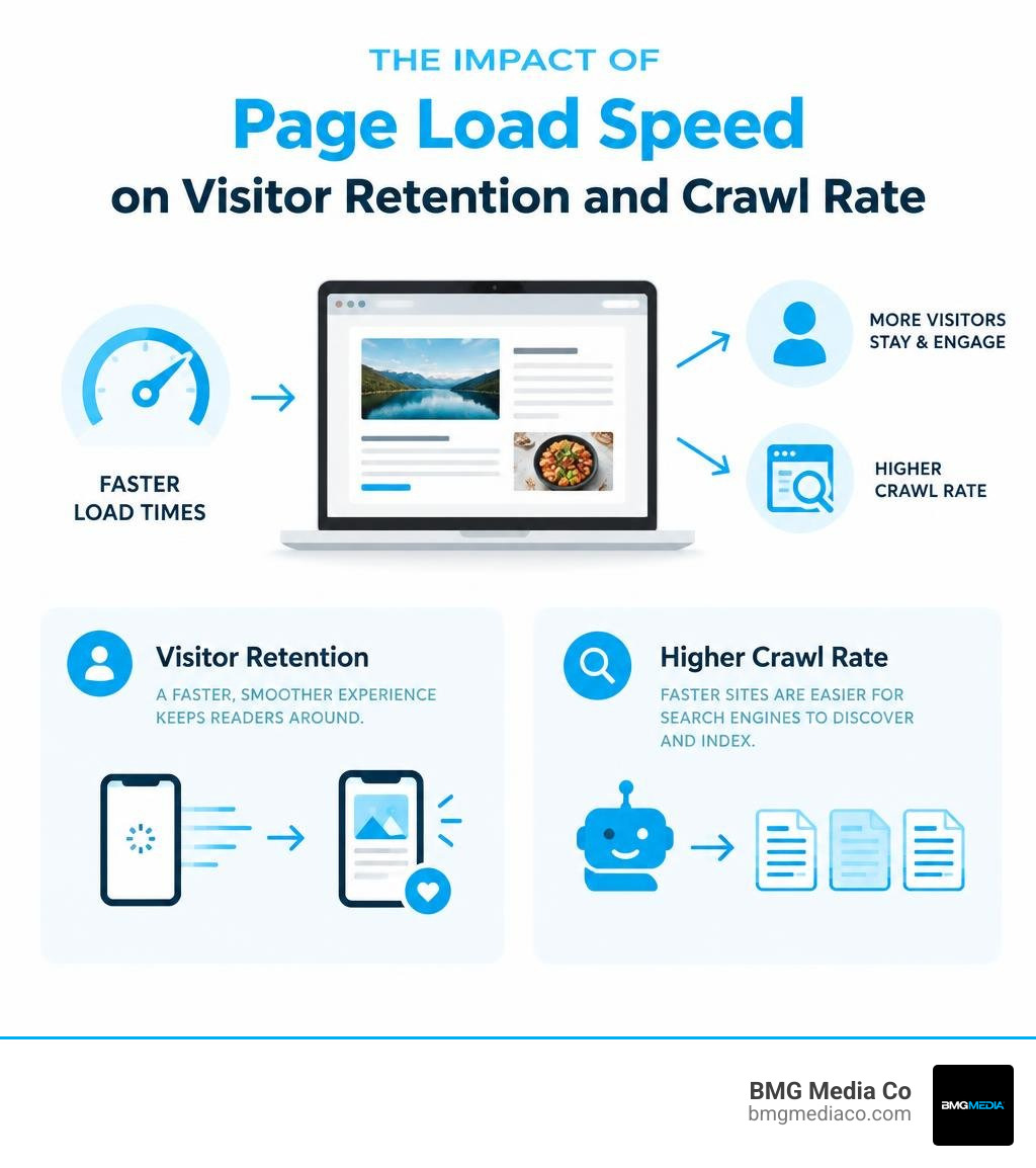 Impact of page load speed on visitor retention and crawl rate infographic