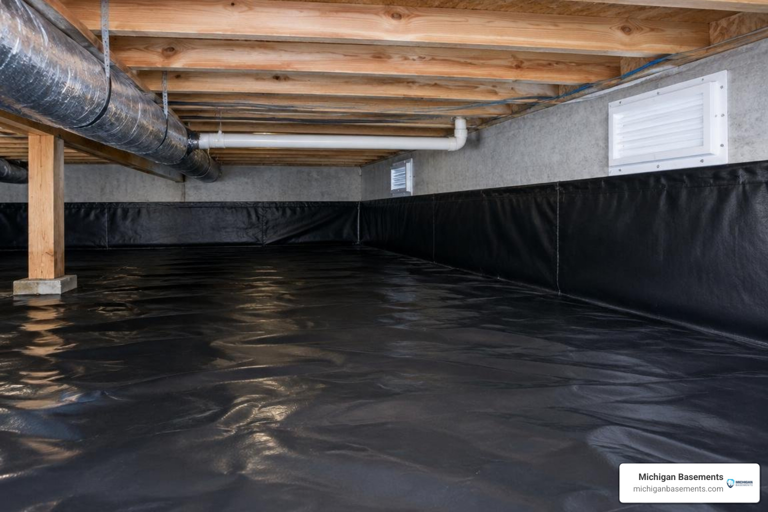 crawl space encapsulation with sealed vent covers and heavy-duty vapor barrier