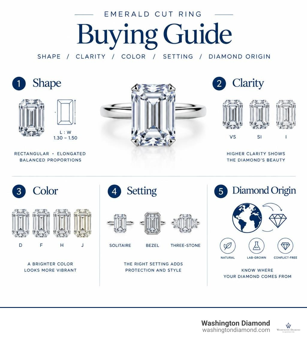 Emerald cut ring buying guide: shape, clarity, color, setting, and diamond origin infographic Emerald cut ring buying guide: shape, clarity, color, setting, and diamond origin infographic