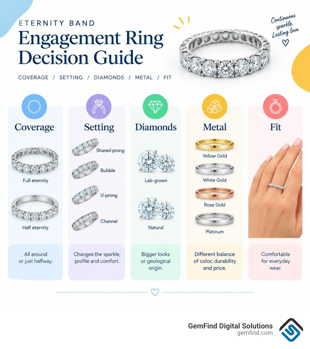 Eternity band engagement ring decision guide: coverage, setting, diamonds, metal, fit infographic Eternity band engagement ring decision guide: coverage, setting, diamonds, metal, fit infographic