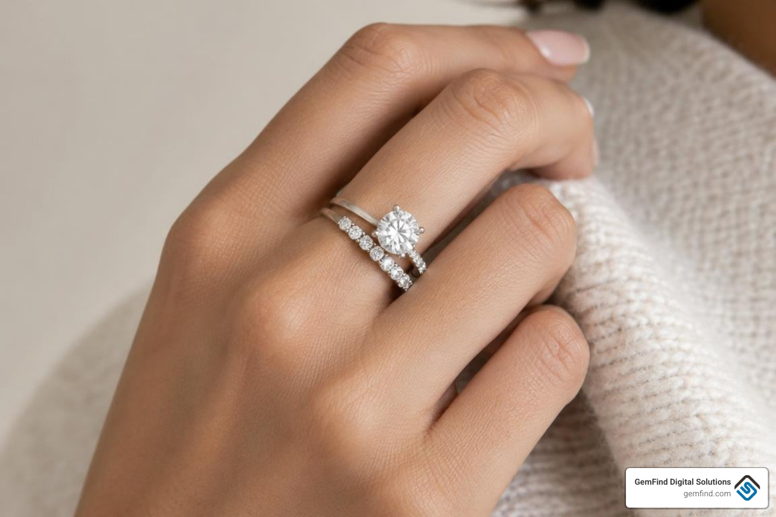 Diamond eternity band engagement ring paired flush with a solitaire in a stack Diamond eternity band engagement ring paired flush with a solitaire in a stack